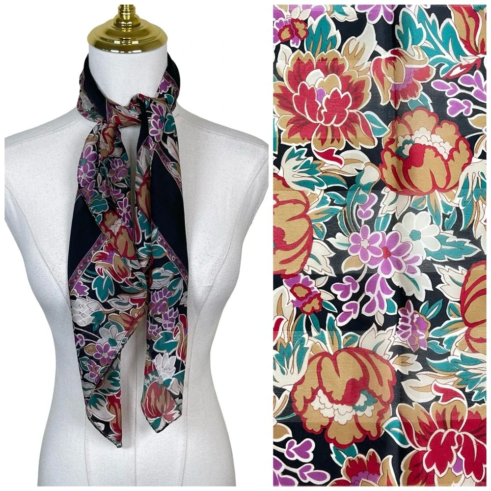Vintage Floral Square Scarf Women Black Pink Striped Romantic Dark Academia